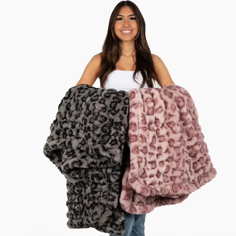 Clouded Leopard Blankets in Silver and Rosewater Pink